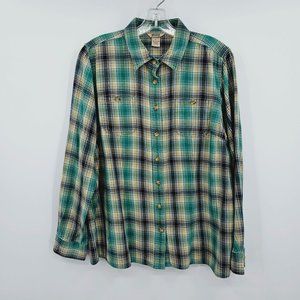 Duluth Trading Button Front Shirt L Blue Green Yellow Plaid Cotton Long Sleeve